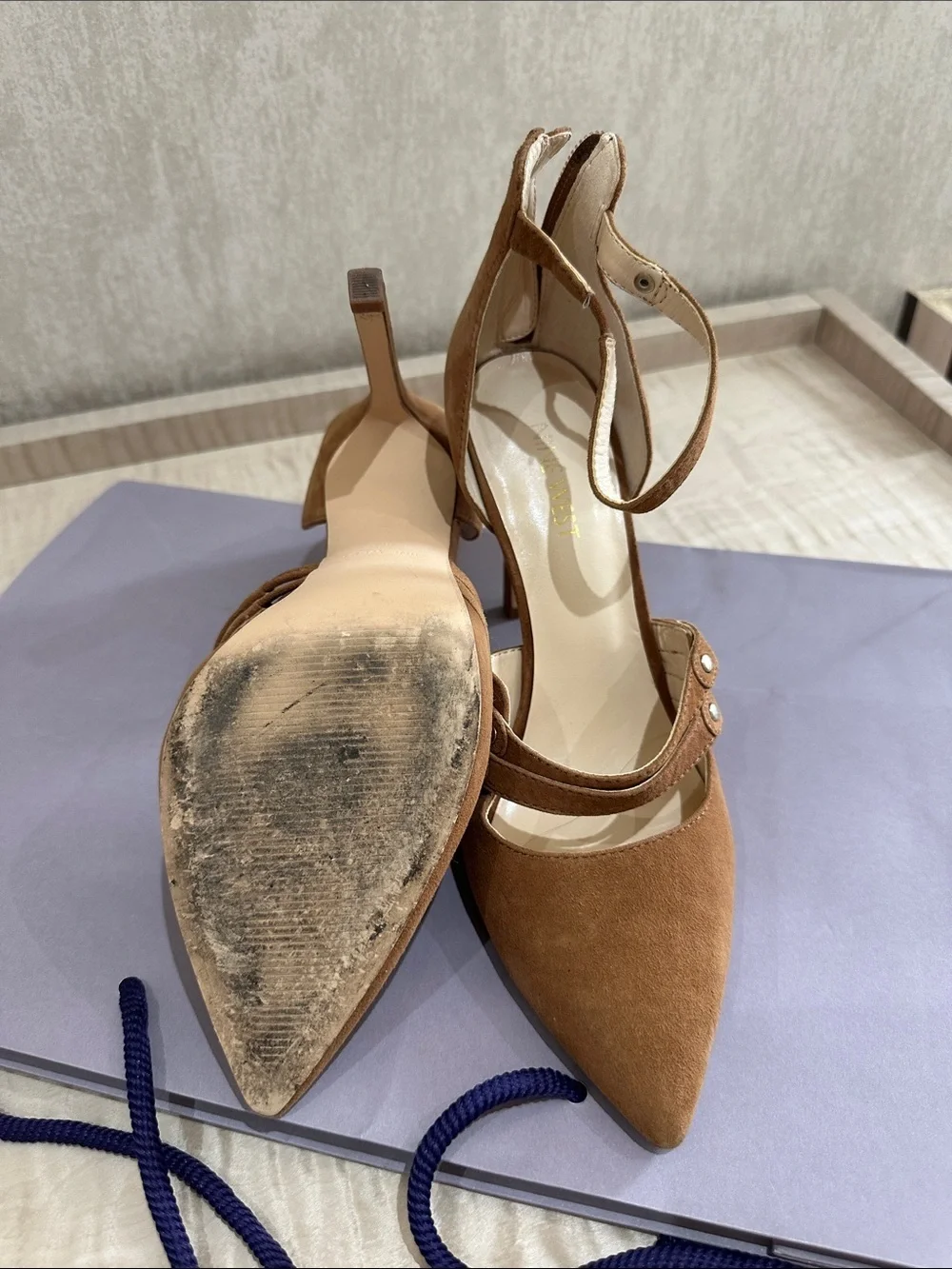 Nine West Tan Suede Pointed-Toe Double Strap Heels - Picture 2 of 6